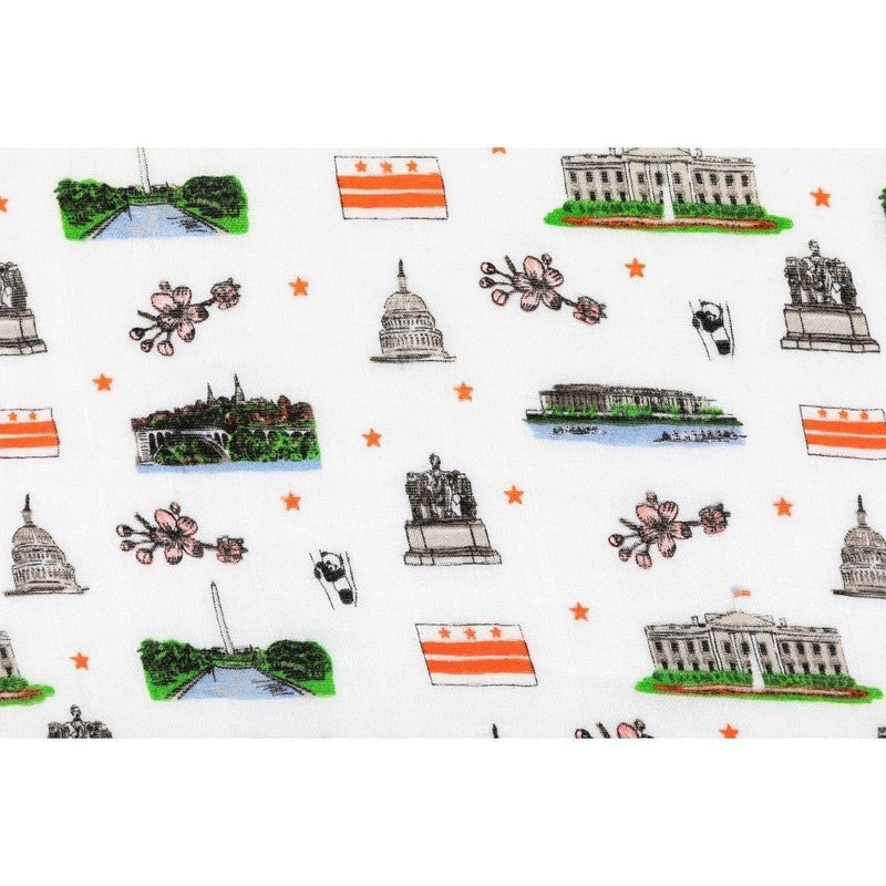 Washington D.C. baby gift set with muslin swaddle blanket and burp cloth featuring iconic landmarks and symbols.