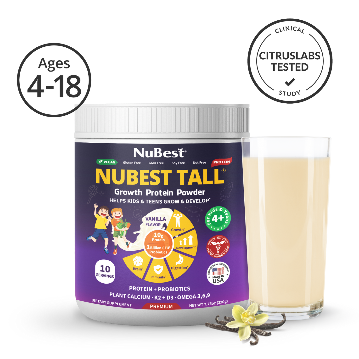 NuBest Tall Protein Vanilla Shake for Kids Ages 4+, 10 Vegan Servings - NuBest Nutrition®