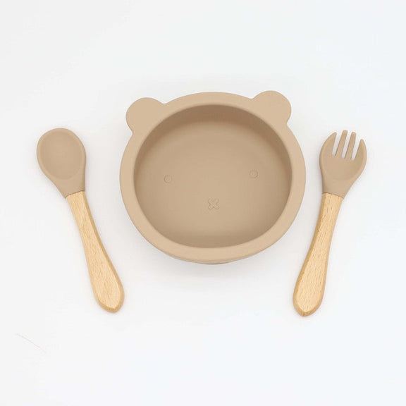 Baby Bear Shape Food Training Silicone Bowl With Spoon Tableware, MyKids-USA®, Bowls, MyKids-USA - Size/Age - Average Size (0-8Y) - Color - Khaki -  -  - JM2204221533-J