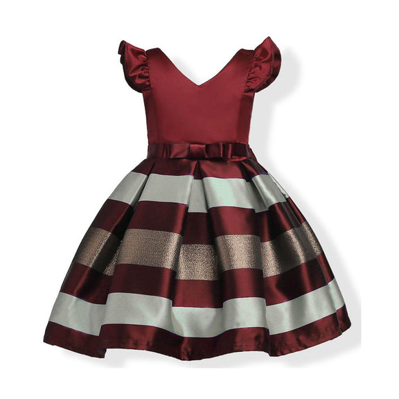 Baby Girl Striped Pattern V-Neck Western Style Formal Dress, MyKids-USA®, Baby & Toddler Dresses, MyKids-USA - Size/Age - 100 (2-3Y) - Color - Red -  -  - JM2206102053-A