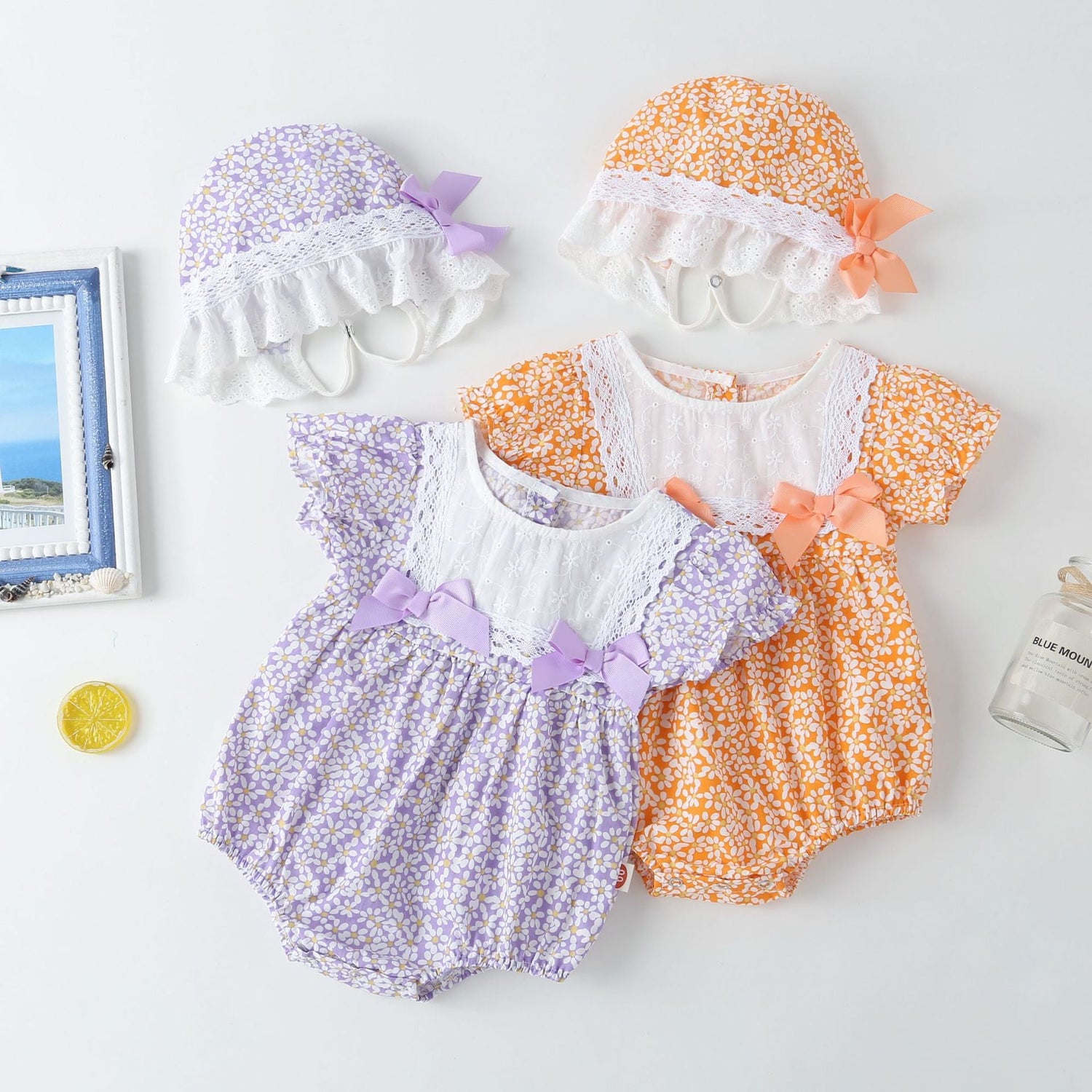Baby Girl Floral Pattern Lace Patchwork Round Collar Short-Sleeved Colorful Cotton Onesies With Hat, MyKids-USA®, Baby & Toddler Outerwear, MyKids-USA -  -  -  -  -  -  - 