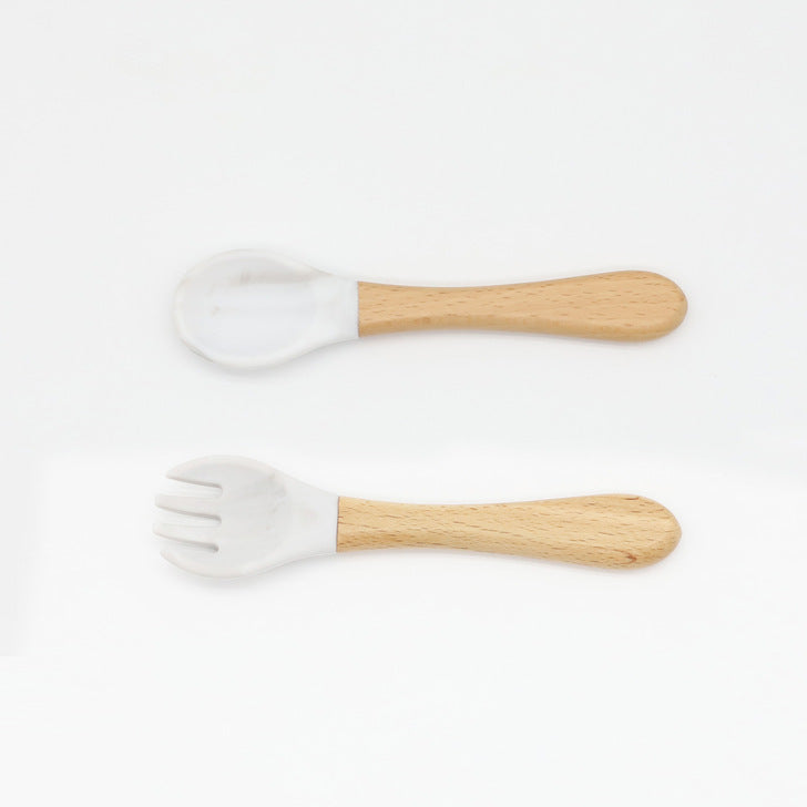 Baby Food Grade Wooden Handles Silicone Spoon Fork Cutlery, MyKids-USA®, Spoon and Fork, MyKids-USA - Size/Age - Average Size (0-8Y) - Color - White -  -  - JM2204211432-A