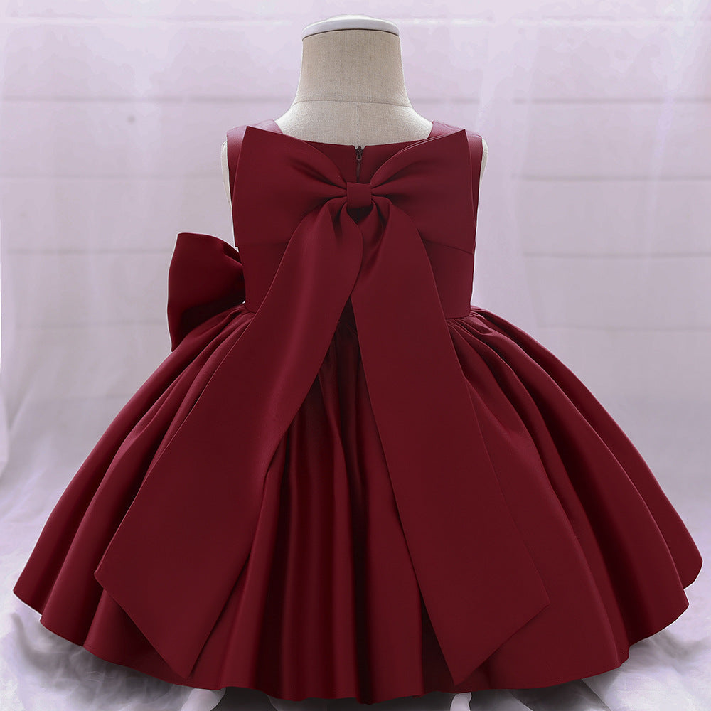 Baby Girl Solid Color Bow Patched Design Sleeveless Western Style Satin Dress, MyKids-USA®, Baby & Toddler Dresses, MyKids-USA -  -  -  -  -  -  - 