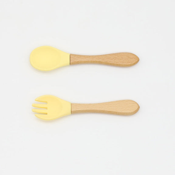 Baby Food Grade Wooden Handles Silicone Spoon Fork Cutlery, MyKids-USA®, Spoon and Fork, MyKids-USA - Size/Age - Average Size (0-8Y) - Color - Light Yellow -  -  - JM2204211432-K