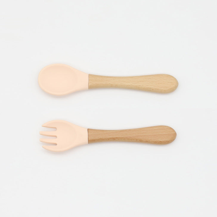 Baby Food Grade Wooden Handles Silicone Spoon Fork Cutlery, MyKids-USA®, Spoon and Fork, MyKids-USA - Size/Age - Average Size (0-8Y) - Color - Beige -  -  - JM2204211432-O