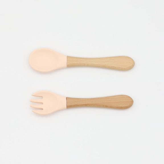 Baby Food Grade Wooden Handles Silicone Spoon Fork Cutlery, MyKids-USA®, Spoon and Fork, MyKids-USA - Size/Age - Average Size (0-8Y) - Color - Beige -  -  - JM2204211432-O