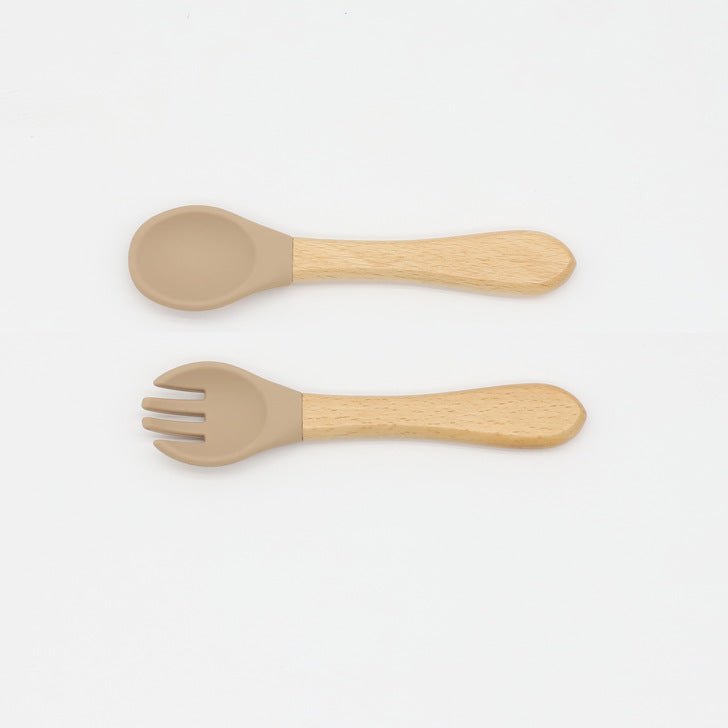Baby Food Grade Wooden Handles Silicone Spoon Fork Cutlery, MyKids-USA®, Spoon and Fork, MyKids-USA - Size/Age - Average Size (0-8Y) - Color - Khaki -  -  - JM2204211432-M