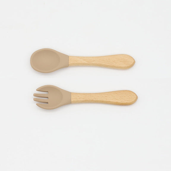 Baby Food Grade Wooden Handles Silicone Spoon Fork Cutlery, MyKids-USA®, Spoon and Fork, MyKids-USA - Size/Age - Average Size (0-8Y) - Color - Khaki -  -  - JM2204211432-M