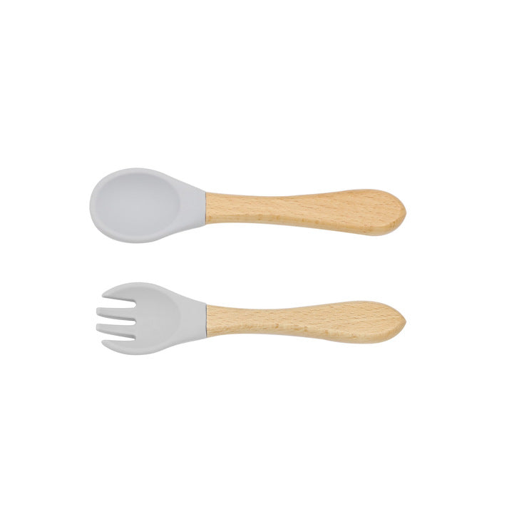 Baby Food Grade Wooden Handles Silicone Spoon Fork Cutlery, MyKids-USA®, Spoon and Fork, MyKids-USA - Size/Age - Average Size (0-8Y) - Color - Grey -  -  - JM2204211432-L