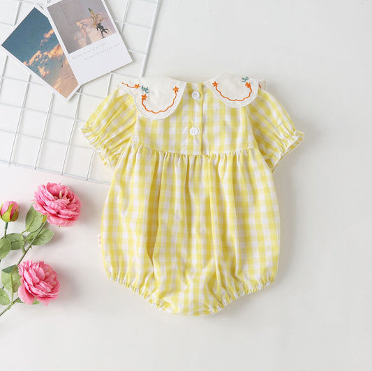 Baby Girl Plaid Pattern Floral Embroidery Round Collar Short-Sleeved Onesies, MyKids-USA®, Baby & Toddler Outerwear, MyKids-USA -  -  -  -  -  -  - 