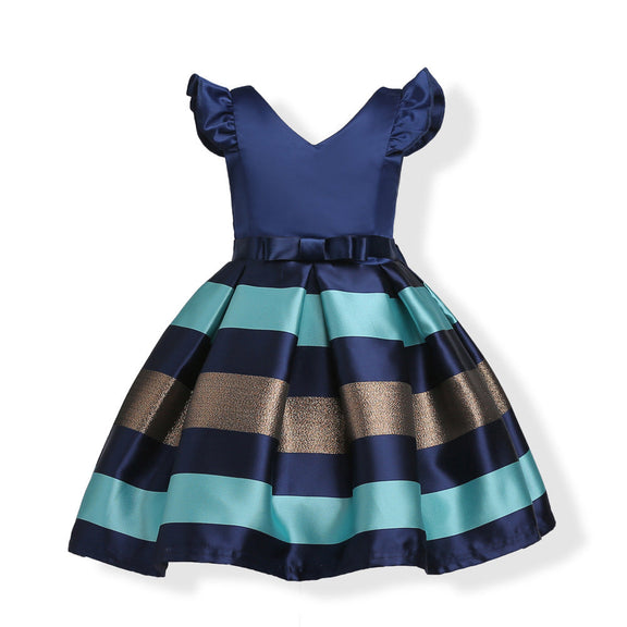 Baby Girl Striped Pattern V-Neck Western Style Formal Dress, MyKids-USA®, Baby & Toddler Dresses, MyKids-USA - Size/Age - 100 (2-3Y) - Color - Blue -  -  - JM2206102053-C