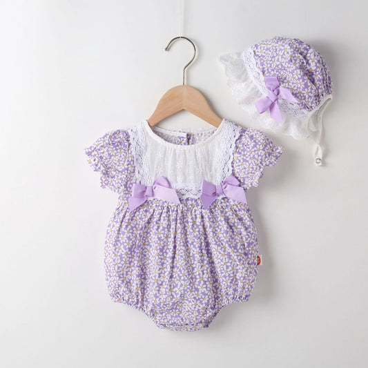 Baby Girl Floral Pattern Lace Patchwork Round Collar Short-Sleeved Colorful Cotton Onesies With Hat, MyKids-USA®, Baby & Toddler Outerwear, MyKids-USA - Size/Age - 66 (3-6M) - Color - Purple -  -  - JM2203301539-A