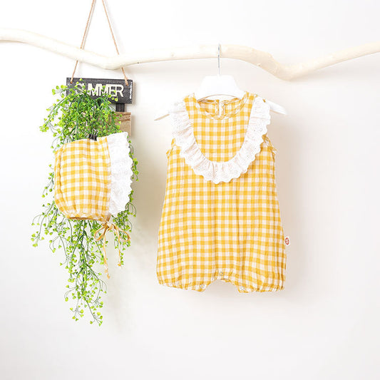 Baby Girl Grid Pattern Ruffles Collar Sleeveless Romper, MyKids-USA®, Baby & Toddler Outfits, MyKids-USA - Size/Age - 66 (3-6M) - Color - Yellow -  -  - SH2203241553