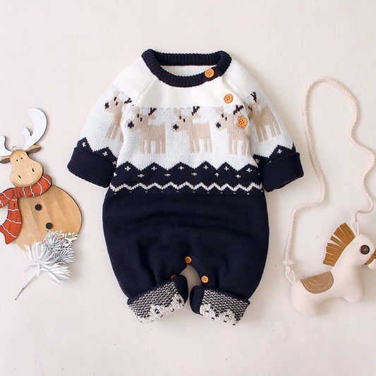Baby Christmas Giraffe Pattern Shoulder Button Design Sweater Rompers, MyKids-USA®, Baby One-Pieces, MyKids-USA - Size/Age - 73 (6-9M) - Color - Navy Blue -  -  - JM2206111934