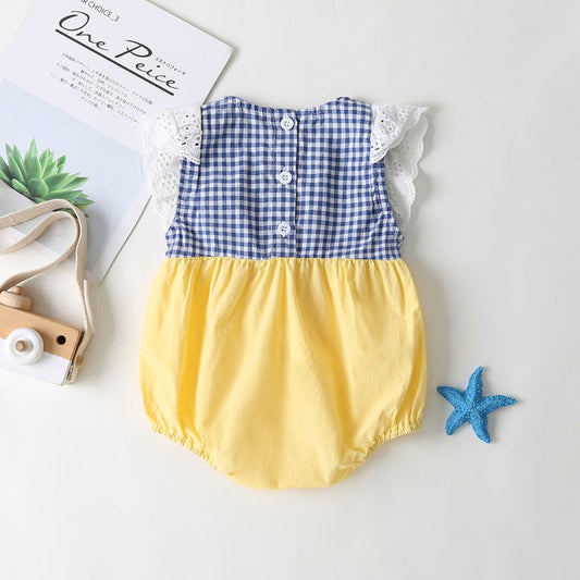 Baby Girl Plaid Pattern Lace Patchwork Bow Sleeveless Princess Onesies In Summer, MyKids-USA®, Baby & Toddler Outerwear, MyKids-USA -  -  -  -  -  -  - 