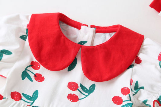 Baby Girl Cherry Print Pattern Round Collar Short-Sleeved Onesies In Summer Outfit Wearing, MyKids-USA®, Baby & Toddler Outerwear, MyKids-USA -  -  -  -  -  -  - 