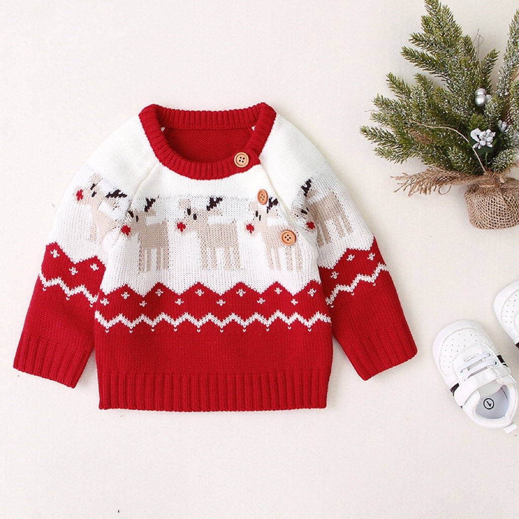 Baby Cartoon Christmas Deer Pattern Shoulder Button Design Knitted Pullover Sweater, MyKids-USA®, Baby & Toddler Outerwear, MyKids-USA - Size/Age - 73 (6-9M) - Color - Red -  -  - JM2206111952