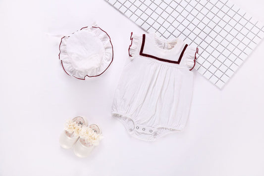 Baby 1pcs Contrast Tape Patched Frill Trim Sleeveless Onesies & Hat, MyKids-USA®, Baby One-Pieces, MyKids-USA - Size/Age - 80 (9-12M) - Color - White -  -  - JM2205081450