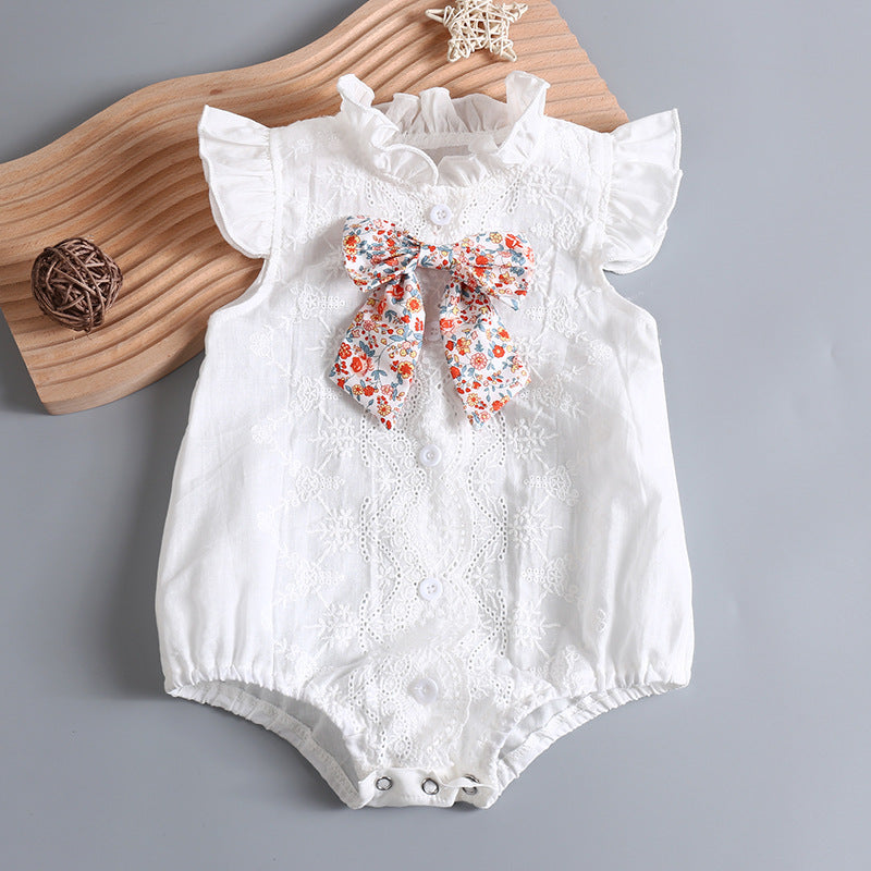 Baby Girl Embroidery Pattern Round Neck Mullet Design Sleeveless Cardigan Onesies With Bow Decorations, MyKids-USA®, Baby & Toddler Outerwear, MyKids-USA - Size/Age - 66 (3-6M) - Color - White -  -  - JM2203291709-A