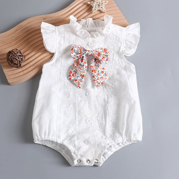 Baby Girl Embroidery Pattern Round Neck Mullet Design Sleeveless Cardigan Onesies With Bow Decorations, MyKids-USA®, Baby & Toddler Outerwear, MyKids-USA - Size/Age - 66 (3-6M) - Color - White -  -  - JM2203291709-A