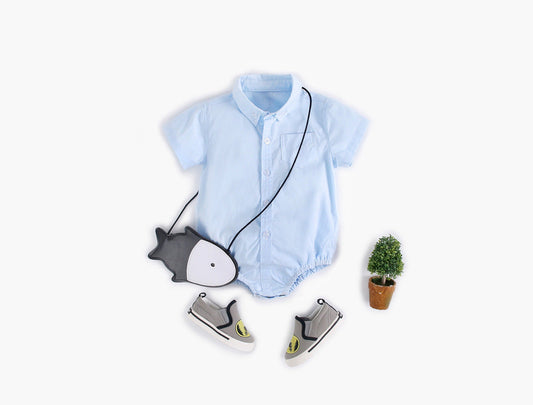 Baby Boy Solid Color Buttoned Shirt With Pockets Short Sleeve Onesies Online In Summer, MyKids-USA®, Baby One-Pieces, MyKids-USA - Size/Age - 66 (3-6M) - Color - Blue -  -  - JM2203301625