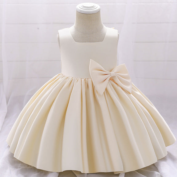 Baby Girl Solid Color Bow Patched Design Sleeveless Western Style Satin Dress, MyKids-USA®, Baby & Toddler Dresses, MyKids-USA - Size/Age - 73 (6-9M) - Color - Apricot -  -  - JM2206172358