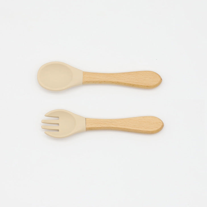 Baby Food Grade Wooden Handles Silicone Spoon Fork Cutlery, MyKids-USA®, Spoon and Fork, MyKids-USA - Size/Age - Average Size (0-8Y) - Color - Apricot -  -  - JM2204211432-P