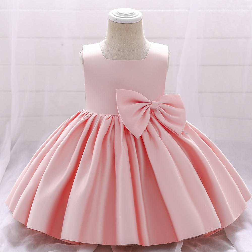 Baby Girl Solid Color Bow Patched Design Sleeveless Western Style Satin Dress, MyKids-USA®, Baby & Toddler Dresses, MyKids-USA - Size/Age - 73 (6-9M) - Color - Light Pink -  -  - JM2206172358