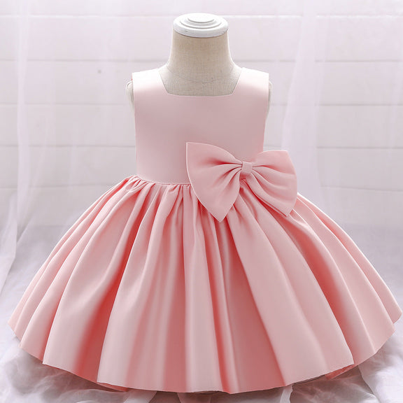 Baby Girl Solid Color Bow Patched Design Sleeveless Western Style Satin Dress, MyKids-USA®, Baby & Toddler Dresses, MyKids-USA - Size/Age - 73 (6-9M) - Color - Light Pink -  -  - JM2206172358