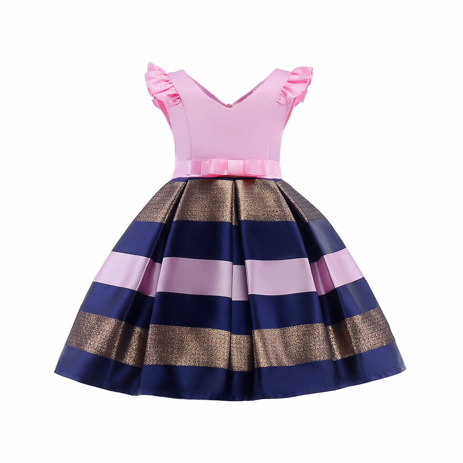 Baby Girl Striped Pattern V-Neck Western Style Formal Dress, MyKids-USA®, Baby & Toddler Dresses, MyKids-USA - Size/Age - 100 (2-3Y) - Color - Pink -  -  - JM2206102053-B