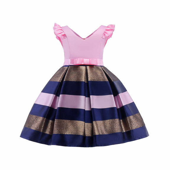 Baby Girl Striped Pattern V-Neck Western Style Formal Dress, MyKids-USA®, Baby & Toddler Dresses, MyKids-USA - Size/Age - 100 (2-3Y) - Color - Pink -  -  - JM2206102053-B
