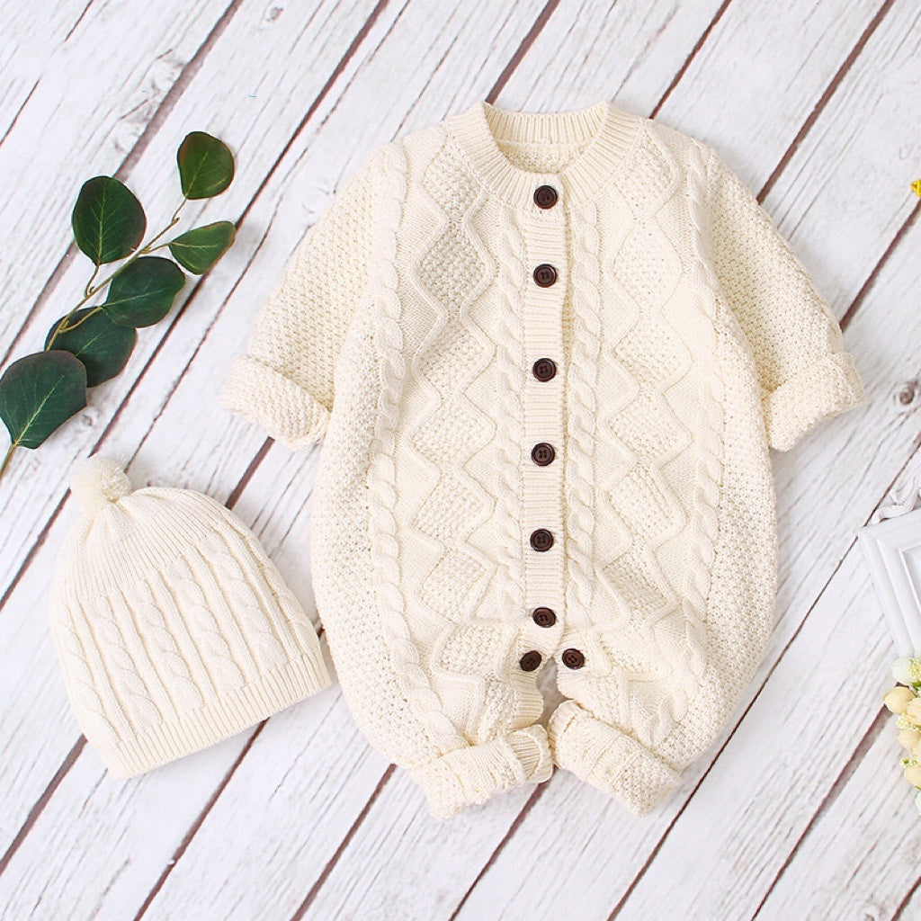 Baby Baby Cable Knitted Pattern Button Front Design Long Sleeve Warm Rompers & Hat, MyKids-USA®, Baby One-Pieces, MyKids-USA - Size/Age - 73 (6-9M) - Color - White -  -  - JM2205131608