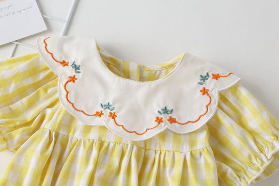 Baby Girl Plaid Pattern Floral Embroidery Round Collar Short-Sleeved Onesies, MyKids-USA®, Baby & Toddler Outerwear, MyKids-USA -  -  -  -  -  -  - 