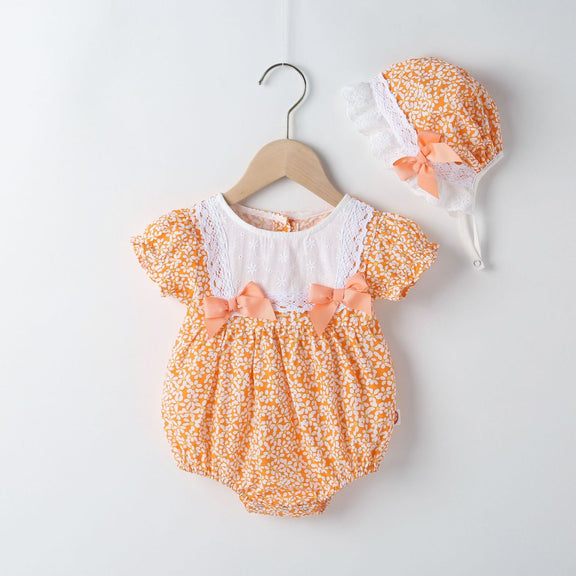 Baby Girl Floral Pattern Lace Patchwork Round Collar Short-Sleeved Colorful Cotton Onesies With Hat, MyKids-USA®, Baby & Toddler Outerwear, MyKids-USA - Size/Age - 66 (3-6M) - Color - Orange -  -  - JM2203301539-B