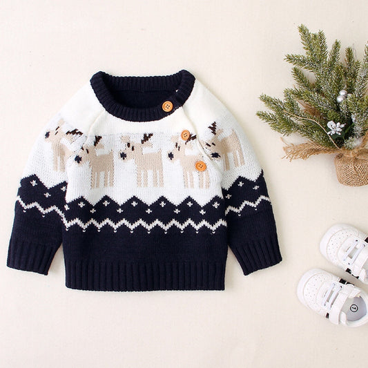 Baby Cartoon Christmas Deer Pattern Shoulder Button Design Knitted Pullover Sweater, MyKids-USA®, Baby & Toddler Outerwear, MyKids-USA - Size/Age - 73 (6-9M) - Color - Navy Blue -  -  - JM2206111952