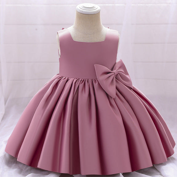 Baby Girl Solid Color Bow Patched Design Sleeveless Western Style Satin Dress, MyKids-USA®, Baby & Toddler Dresses, MyKids-USA - Size/Age - 73 (6-9M) - Color - Pink -  -  - JM2206172358