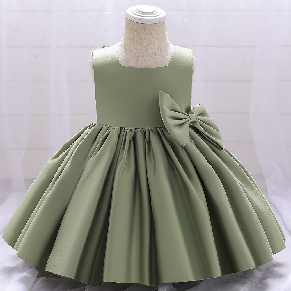 Baby Girl Solid Color Bow Patched Design Sleeveless Western Style Satin Dress, MyKids-USA®, Baby & Toddler Dresses, MyKids-USA - Size/Age - 73 (6-9M) - Color - Green -  -  - JM2206172358