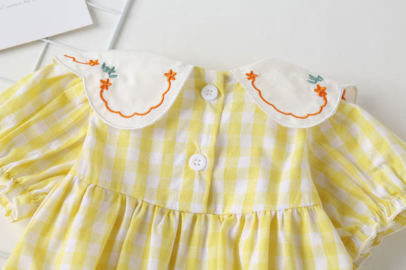 Baby Girl Plaid Pattern Floral Embroidery Round Collar Short-Sleeved Onesies, MyKids-USA®, Baby & Toddler Outerwear, MyKids-USA -  -  -  -  -  -  - 
