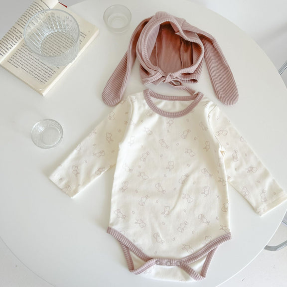 Baby Cute Bunny Graphic Long Sleeves Soft Cotton Bodysuit & Hat, MyKids-USA®, Baby One-Pieces, MyKids-USA - Size/Age - 66 (3-6M) - Color - Pink -  -  - JM2207081914
