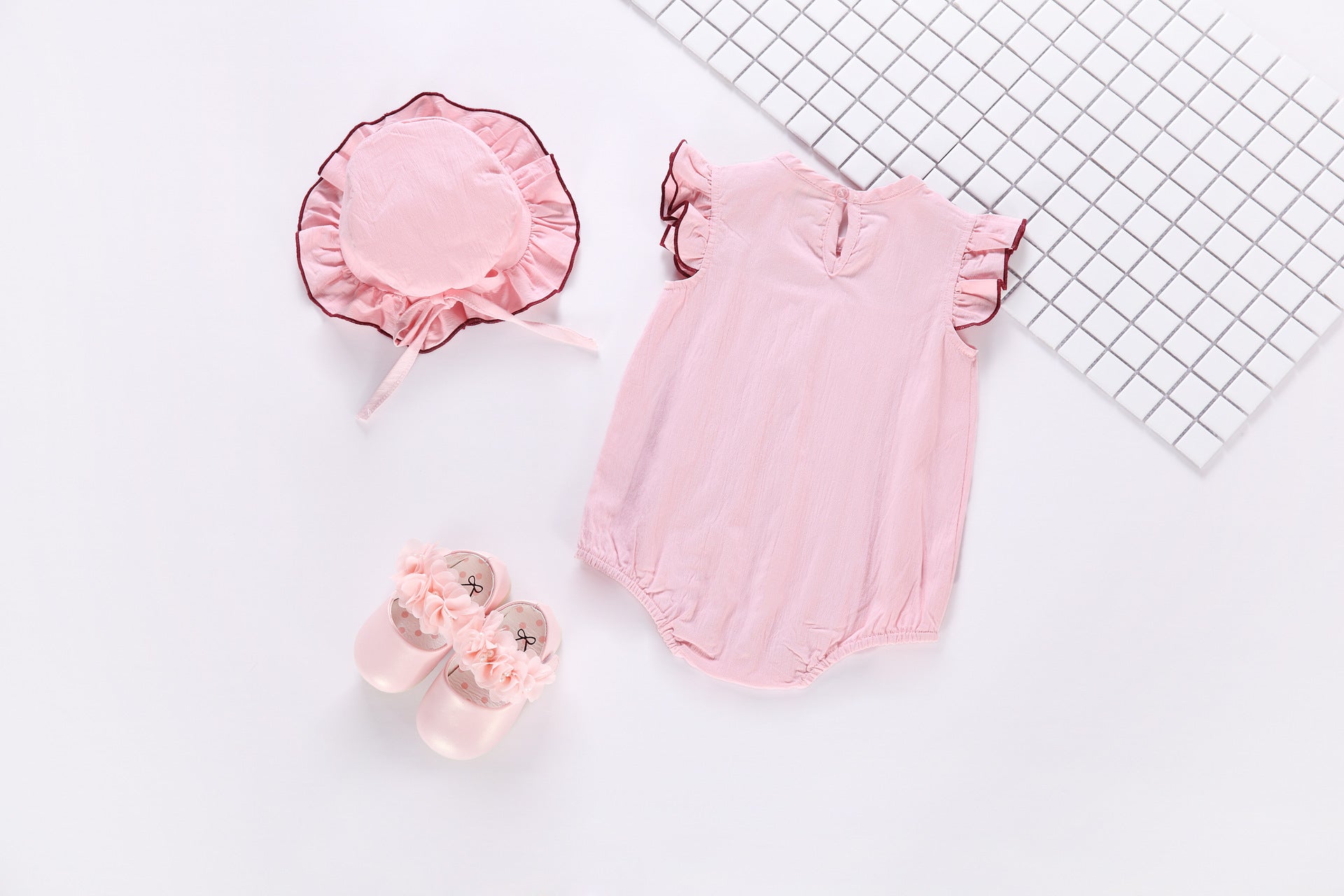 Baby 1pcs Contrast Tape Patched Frill Trim Sleeveless Onesies & Hat, MyKids-USA®, Baby One-Pieces, MyKids-USA -  -  -  -  -  -  - 