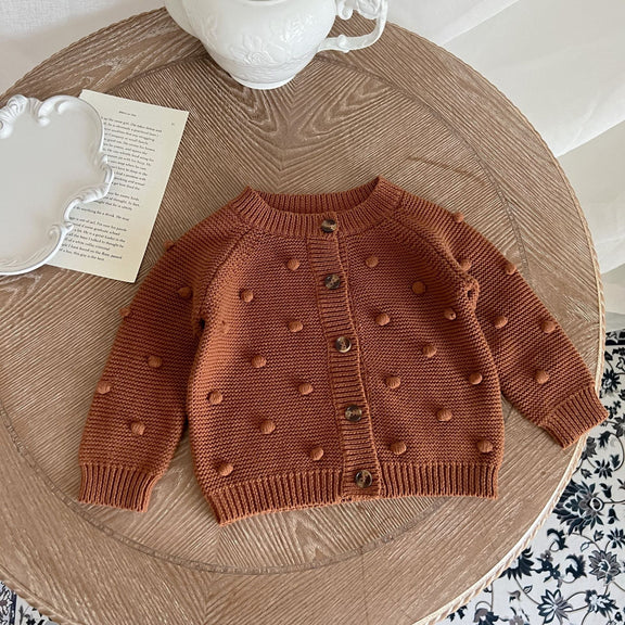 Baby Solid Color Fur-Ball Patched Design Cardigan, MyKids-USA®, Baby & Toddler Outerwear, MyKids-USA - Size/Age - 66 (3-6M) - Color - Brown -  -  - JM2207202122-B