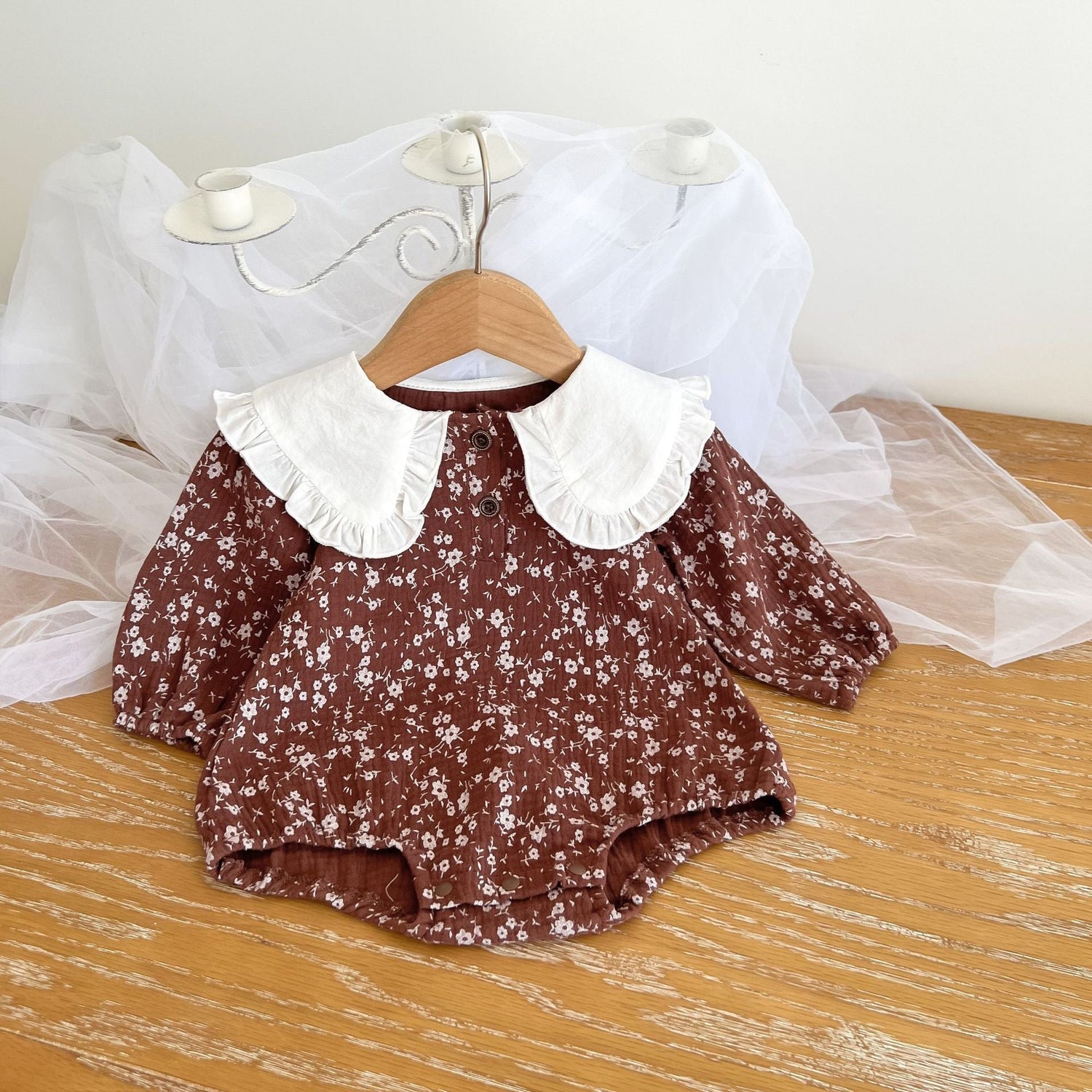 Baby Girl Floral Pattern Ruffle Lapel Design Bodysuit, MyKids-USA®, Baby One-Pieces, MyKids-USA - Size/Age - 66 (3-6M) - Color - Brown -  -  - JM2207221842