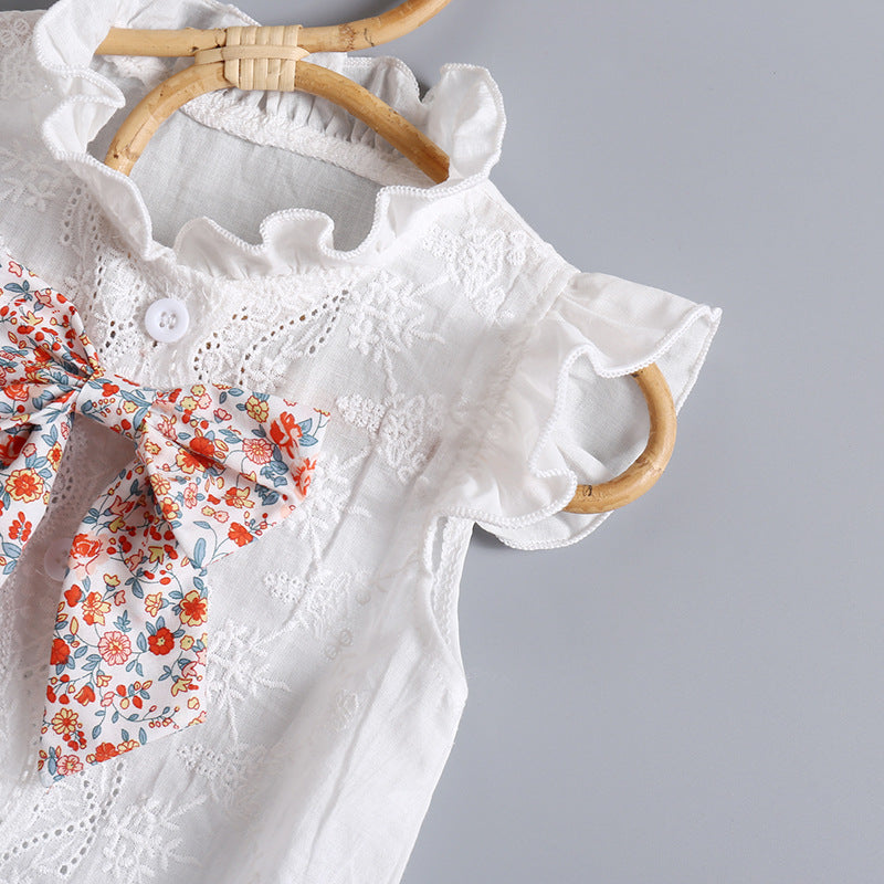 Baby Girl Embroidery Pattern Round Neck Mullet Design Sleeveless Cardigan Onesies With Bow Decorations, MyKids-USA®, Baby & Toddler Outerwear, MyKids-USA -  -  -  -  -  -  - 