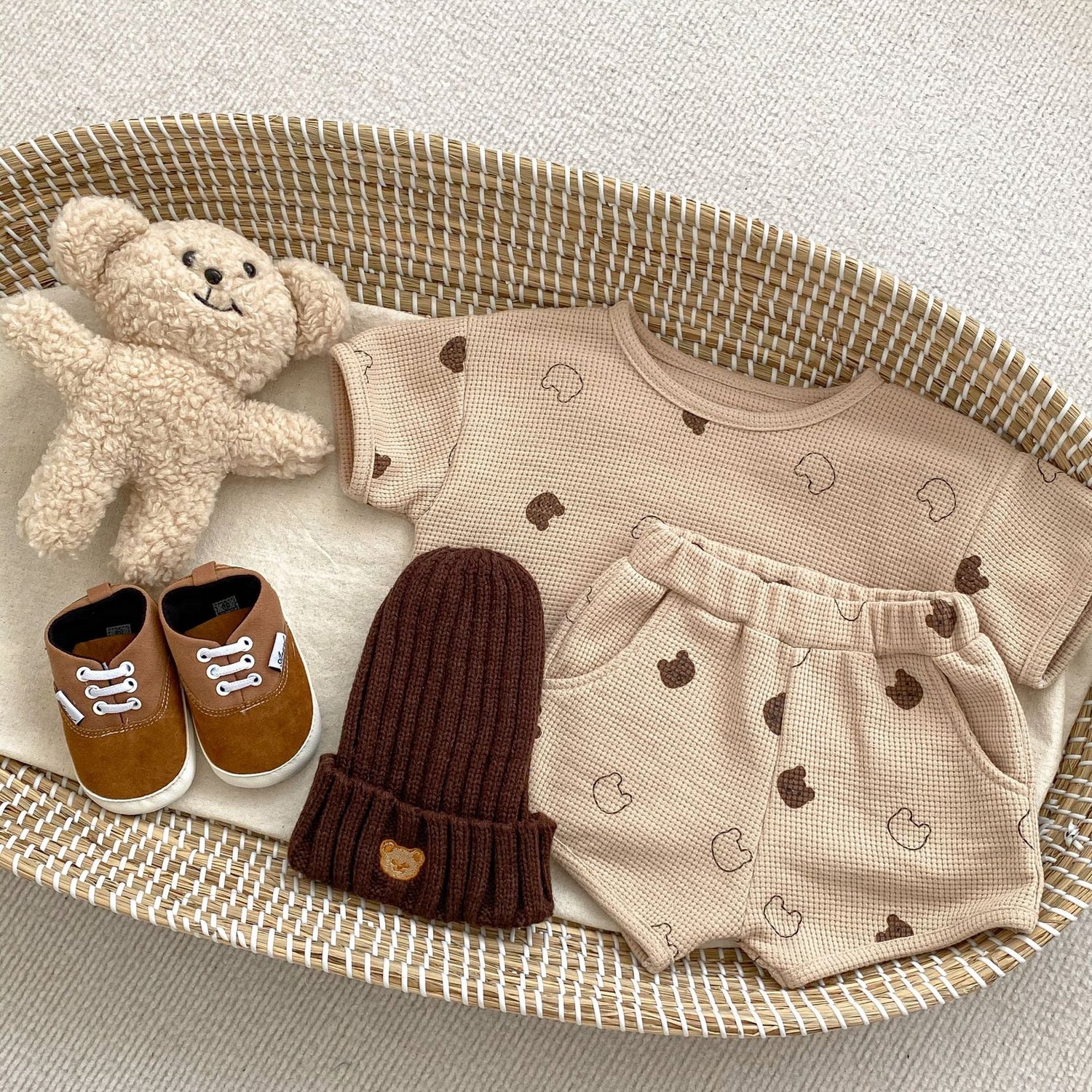 Baby Cartoon Print Pattern Waffle Knitted Fabric Clothing Sets, MyKids-USA®, Baby & Toddler Outfits, MyKids-USA - Size/Age - 73 (6-9M) - Color - Brown -  -  - JM2305011649