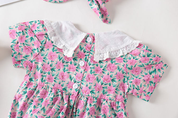Baby Girl Floral Print Pattern Lace Collar Patchwork Baby Onesies Short Sleeve, MyKids-USA®, Baby & Toddler Outerwear, MyKids-USA -  -  -  -  -  -  - 