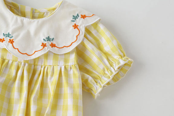 Baby Girl Plaid Pattern Floral Embroidery Round Collar Short-Sleeved Onesies, MyKids-USA®, Baby & Toddler Outerwear, MyKids-USA -  -  -  -  -  -  - 