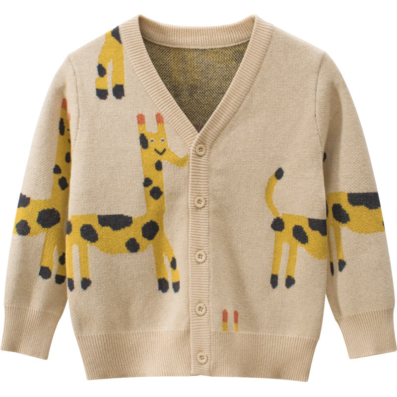 Baby Cartoon Deer Pattern Single Breasted Design V-Neck Cardigan, MyKids-USA®, Baby & Toddler Outerwear, MyKids-USA - Size/Age - 90 (12-24M) - Color - Apricot -  -  - JM2206012255