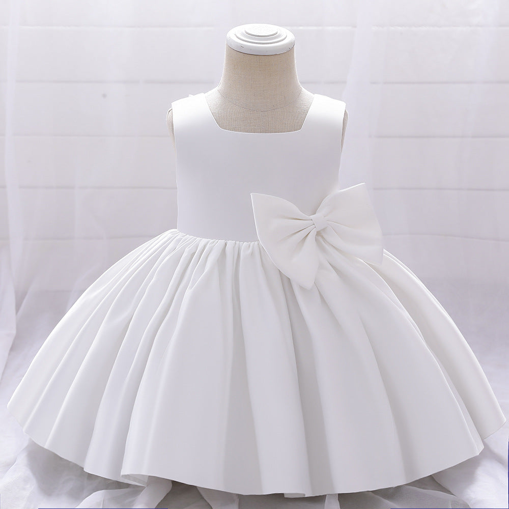 Baby Girl Solid Color Bow Patched Design Sleeveless Western Style Satin Dress, MyKids-USA®, Baby & Toddler Dresses, MyKids-USA - Size/Age - 73 (6-9M) - Color - White -  -  - JM2206172358