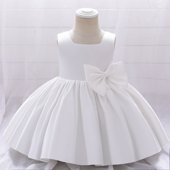 Baby Girl Solid Color Bow Patched Design Sleeveless Western Style Satin Dress, MyKids-USA®, Baby & Toddler Dresses, MyKids-USA - Size/Age - 73 (6-9M) - Color - White -  -  - JM2206172358