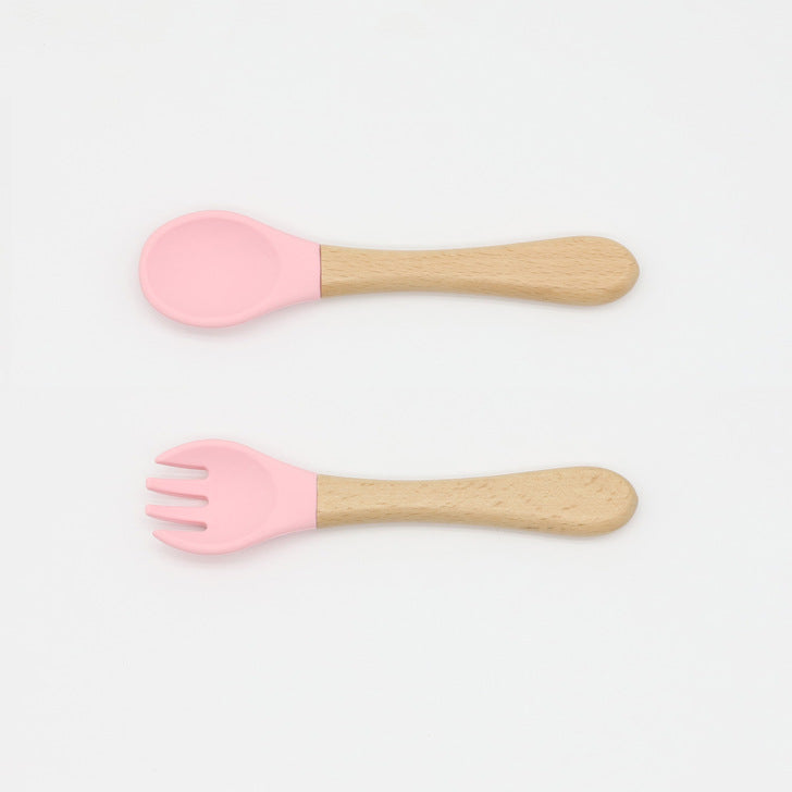Baby Food Grade Wooden Handles Silicone Spoon Fork Cutlery, MyKids-USA®, Spoon and Fork, MyKids-USA - Size/Age - Average Size (0-8Y) - Color - Pink -  -  - JM2204211432-C
